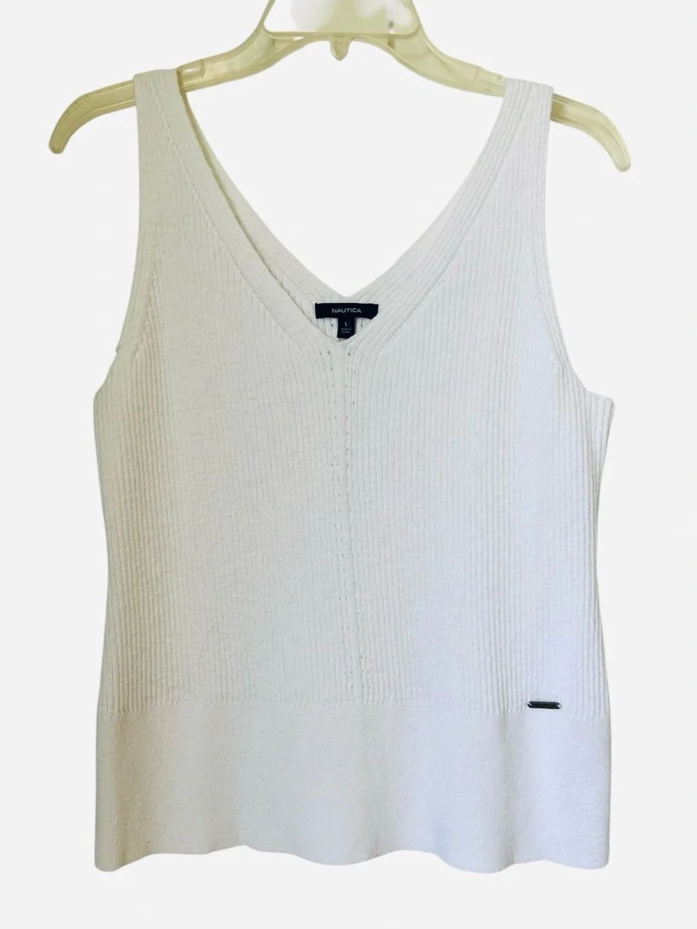 Nautica White Rib Knit Sweater Tank Top L V-Neck Sleeveless Coastal Preppy Quiet